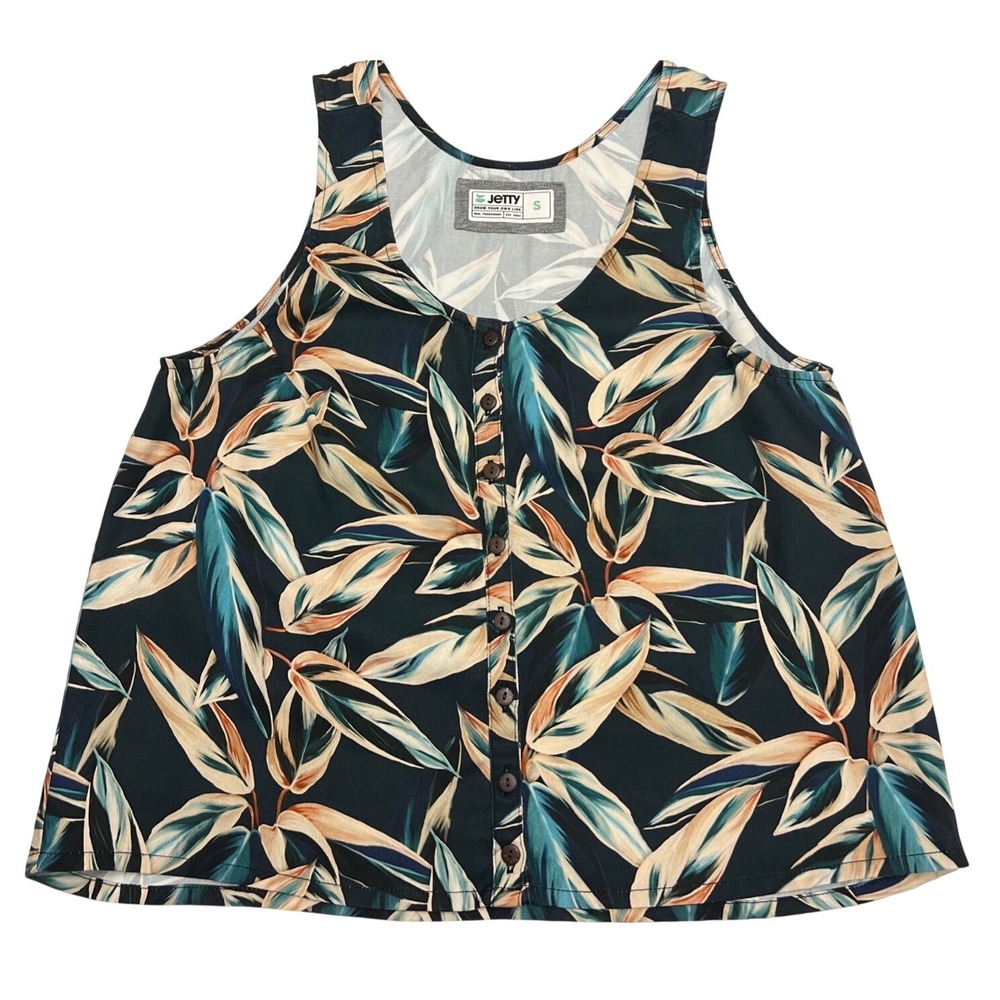 Jetty Womens Small Tropical Leaf Print Button Front Tencel Tank Top Multicolor